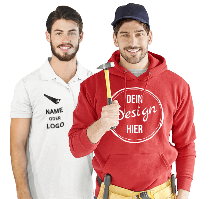 Firmenbekleidung bedrucken - Zwei Männer in Firmenbekleidung mit eigenen Motiven